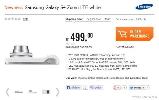Samsung Galaxy S4 Zoom got a price tag of 499 euros